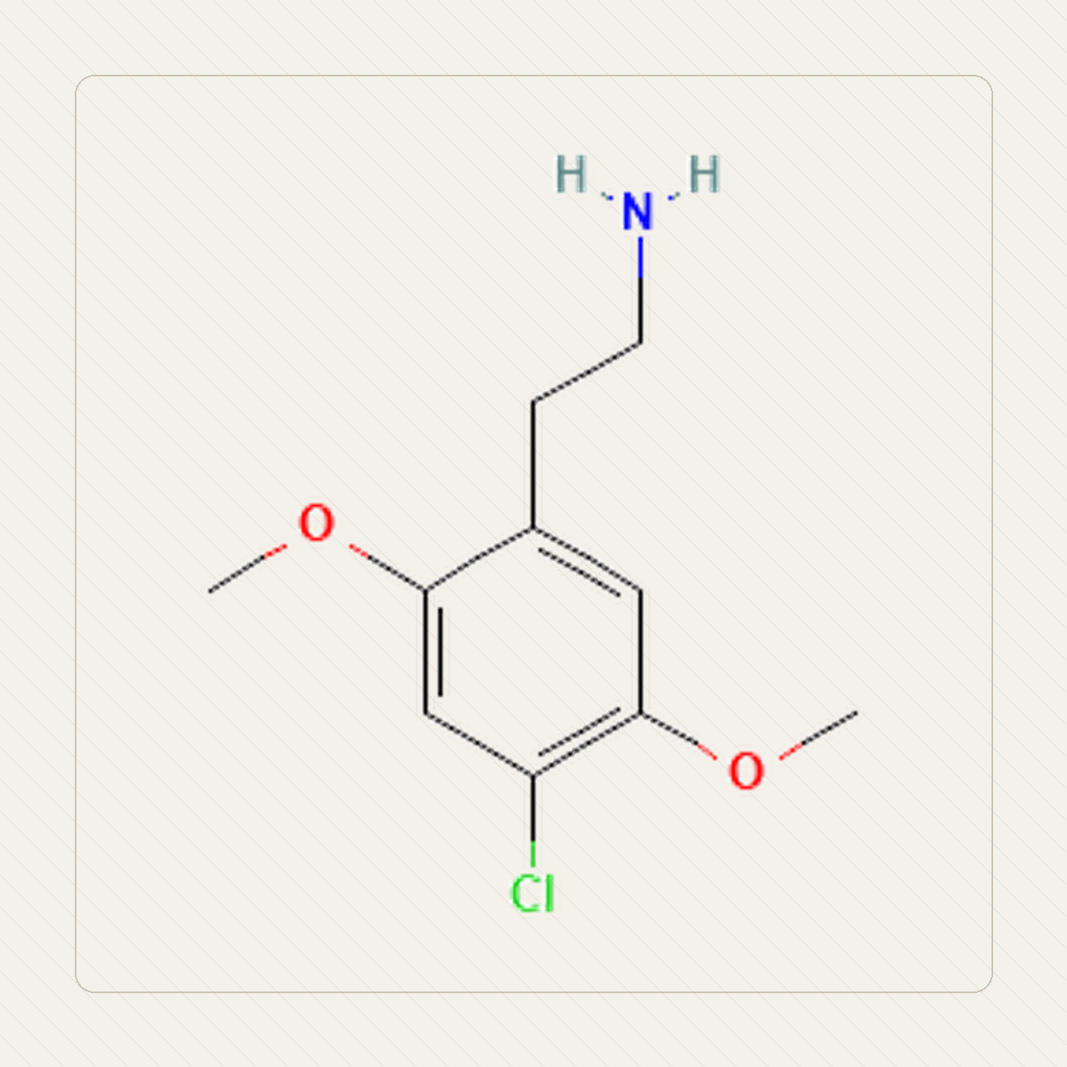 2C-C 2,5-dimetoksy-4-chlorofenetyloamina, 분자 구조의 교육용 그림